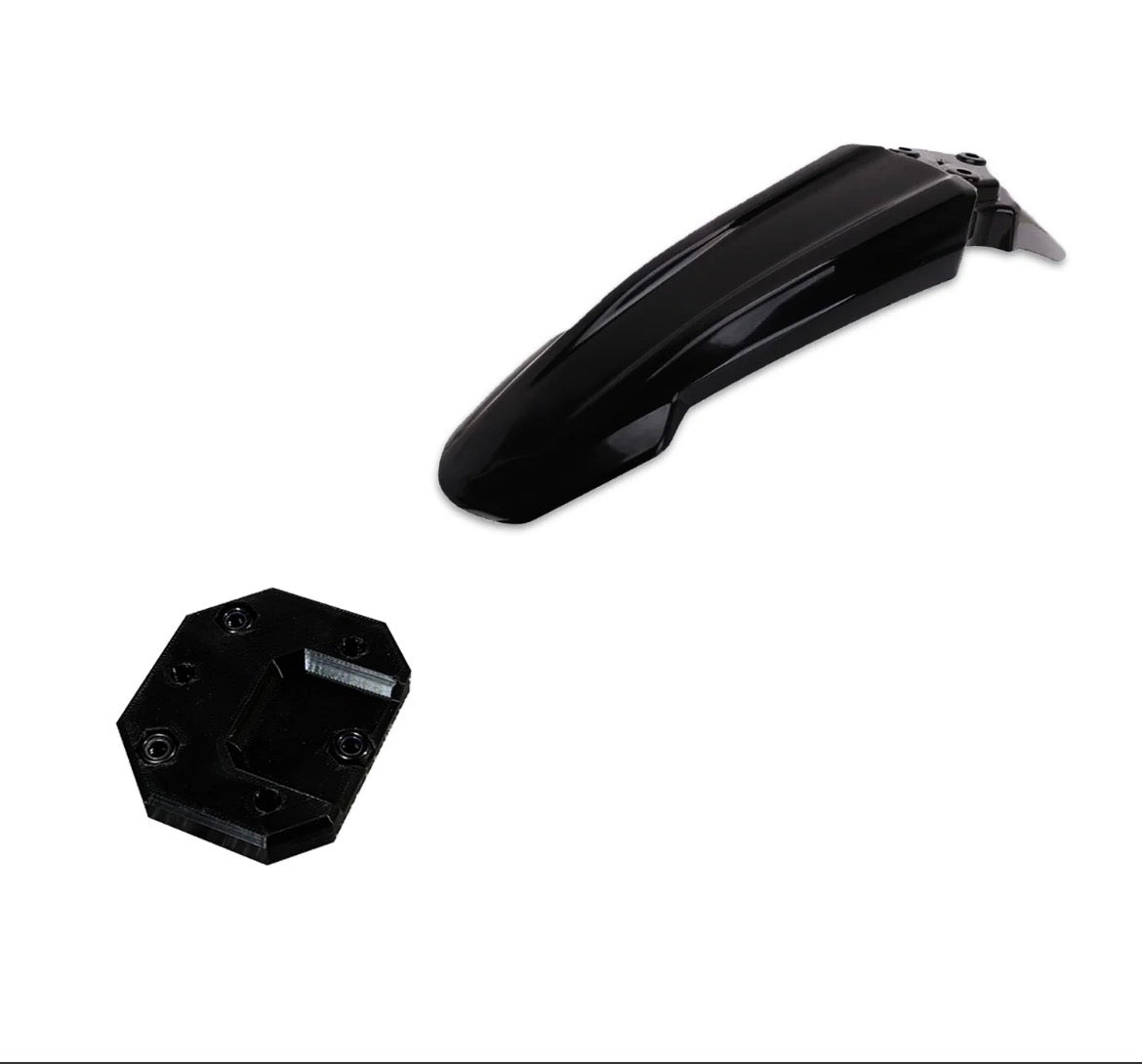 Surron front fender kit including a sleek black fender and mounting bracket for motocross bikes.