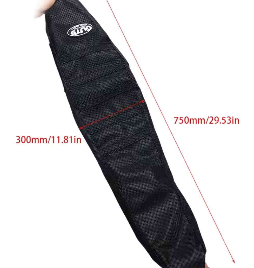 Surron Ultra Bee seat cover showing dimensions of 750mm by 300mm, featuring black mesh design.