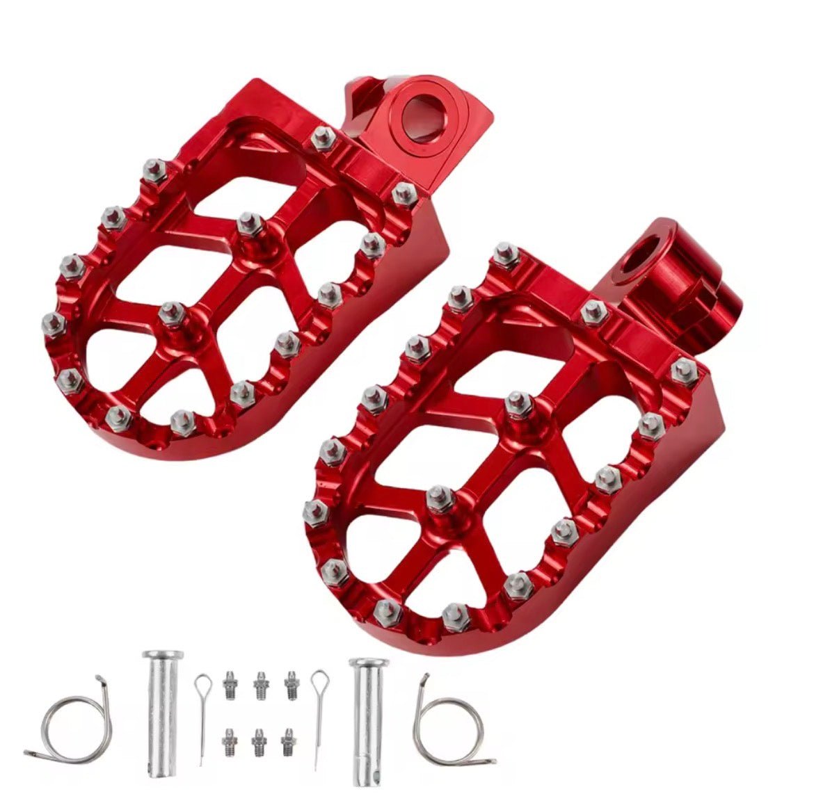 CNC aluminum footpegs for Yozma IN10 Pro in red with installed hardware components.