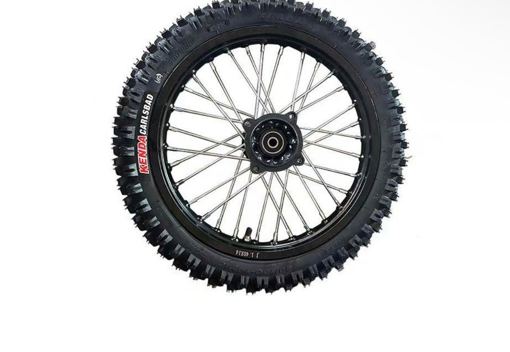 Tuttio 14 inch dirt wheel set showcasing a single dirt wheel with a tire and spokes, designed for performance and traction.