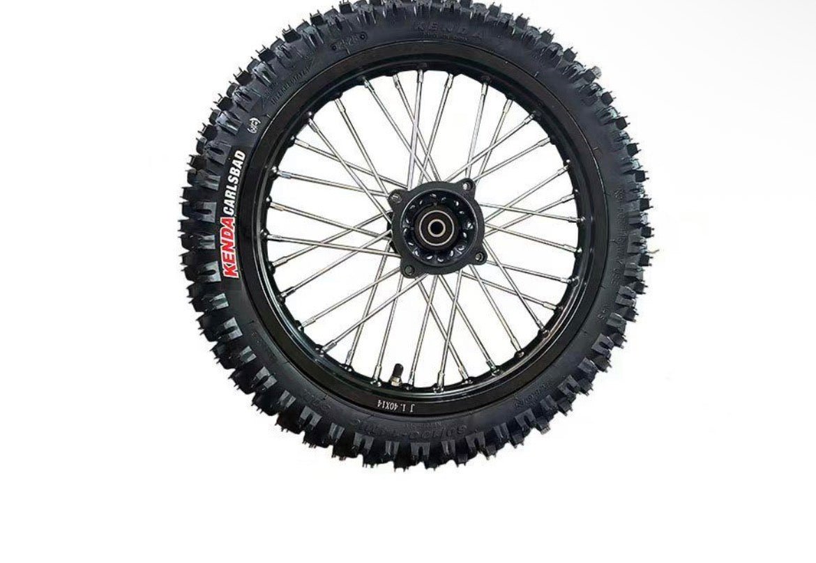 Tuttio 14 inch dirt wheel set showcasing a single dirt wheel with a tire and spokes, designed for performance and traction.
