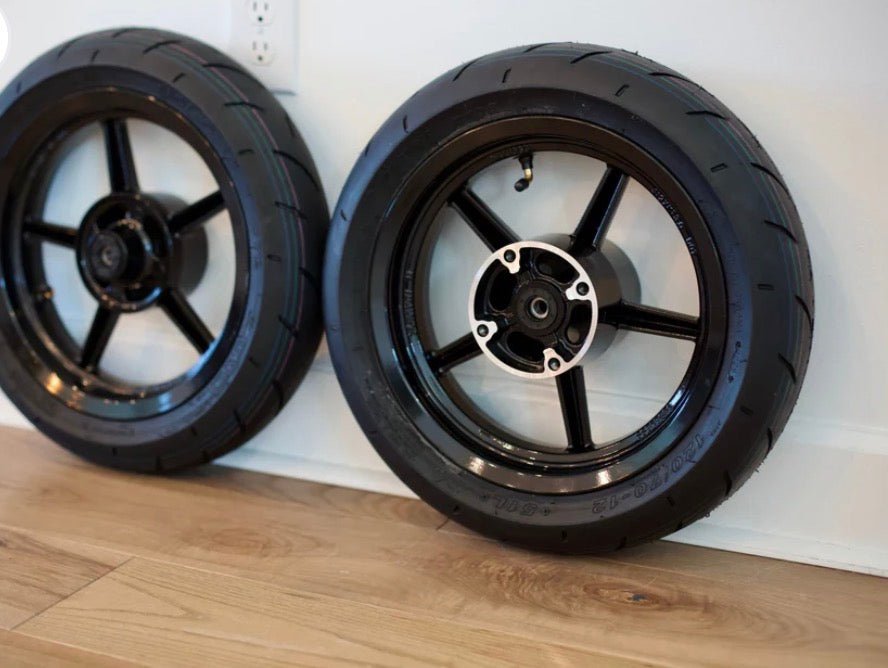 Supermoto Wheelset Kit featuring premium 12 inch front and rear wheels with high-performance tires.