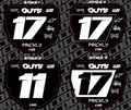 Odi Number Plate Decal showing different styles with numbers 17 and 11 for bikes, featuring GUTS designs.