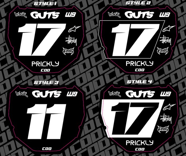 Odi Number Plate Decal showing different styles with numbers 17 and 11 for bikes, featuring GUTS designs.