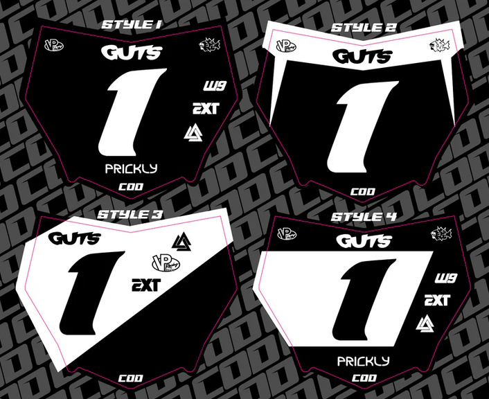 Motocutz Number Plate Decal styles for ebike number plate decal with bold black and white designs.