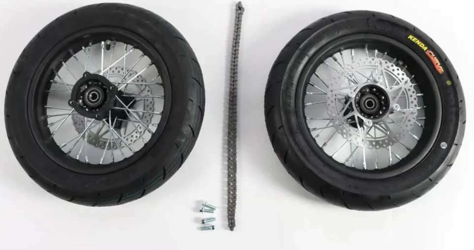 12 inch supermoto wheel set featuring spoked wheels, performance tires, and accessories for enhanced speed and handling.