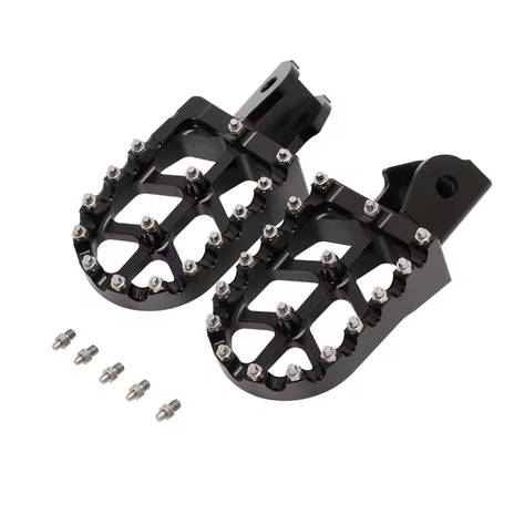 CNC wide foot pegs for E-Ride Pro models, featuring a durable black finish and enhanced traction for aggressive riding.