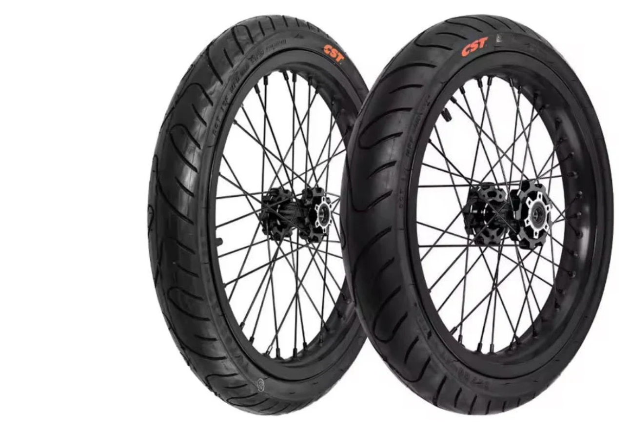 Surron Ride Pro Supermoto Wheel Set featuring CST tires and spoked wheels for urban street performance.