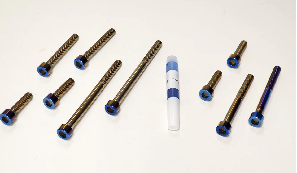 titanium bar mount bolt kit featuring Burnt Blue anodized titanium screws and thread locker for premium upgrade
