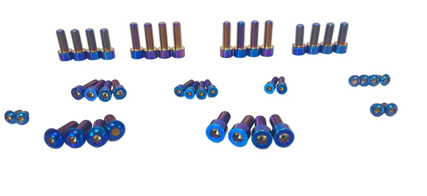titanium bolt kit for Tuttio Soleil featuring various sizes and colors of precision-engineered bolts