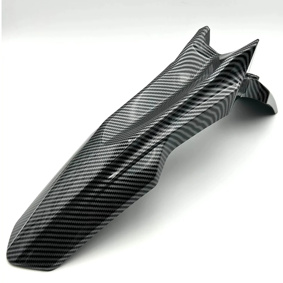 Carbon fiber front fender for Surron Ultra Bee showcasing high-gloss finish and sleek design.
