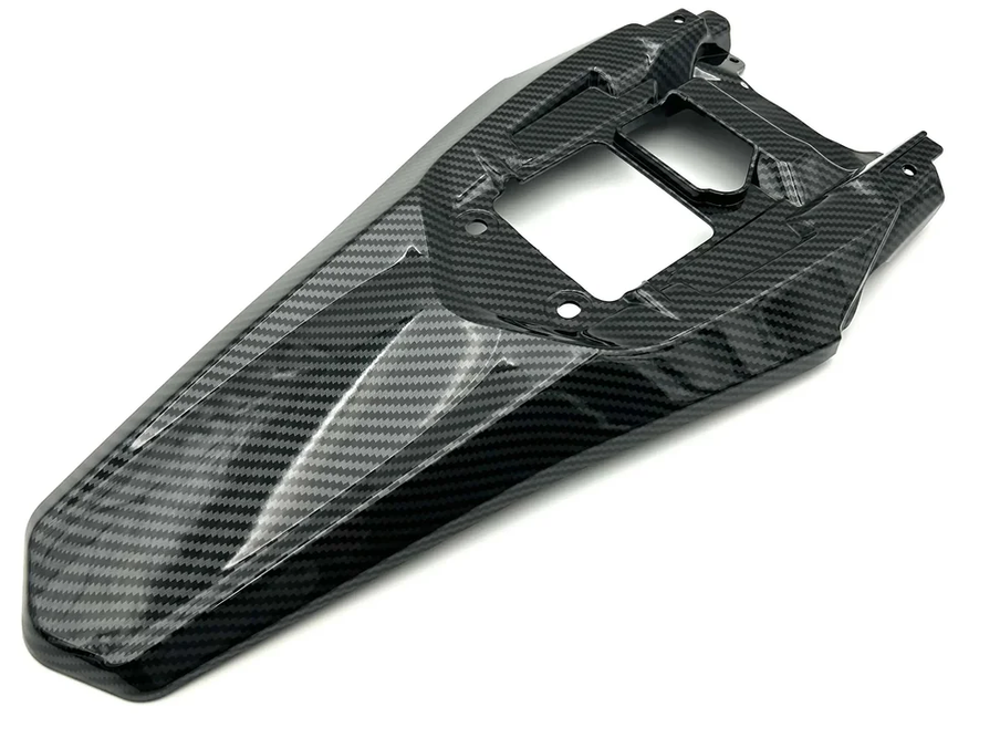 carbon fiber rear fender for Surron Ultra Bee showcasing a high-gloss carbon weave pattern.