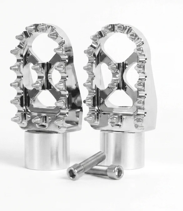 E-bike peg kit featuring chrome foot pegs designed for electric cruiser bikes with sleek aesthetics.