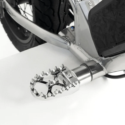 Close-up of an e-bike peg kit showcasing a rugged, compact foot peg on an electric bike.